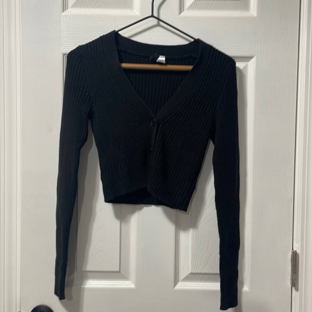 black cropped button up sweater